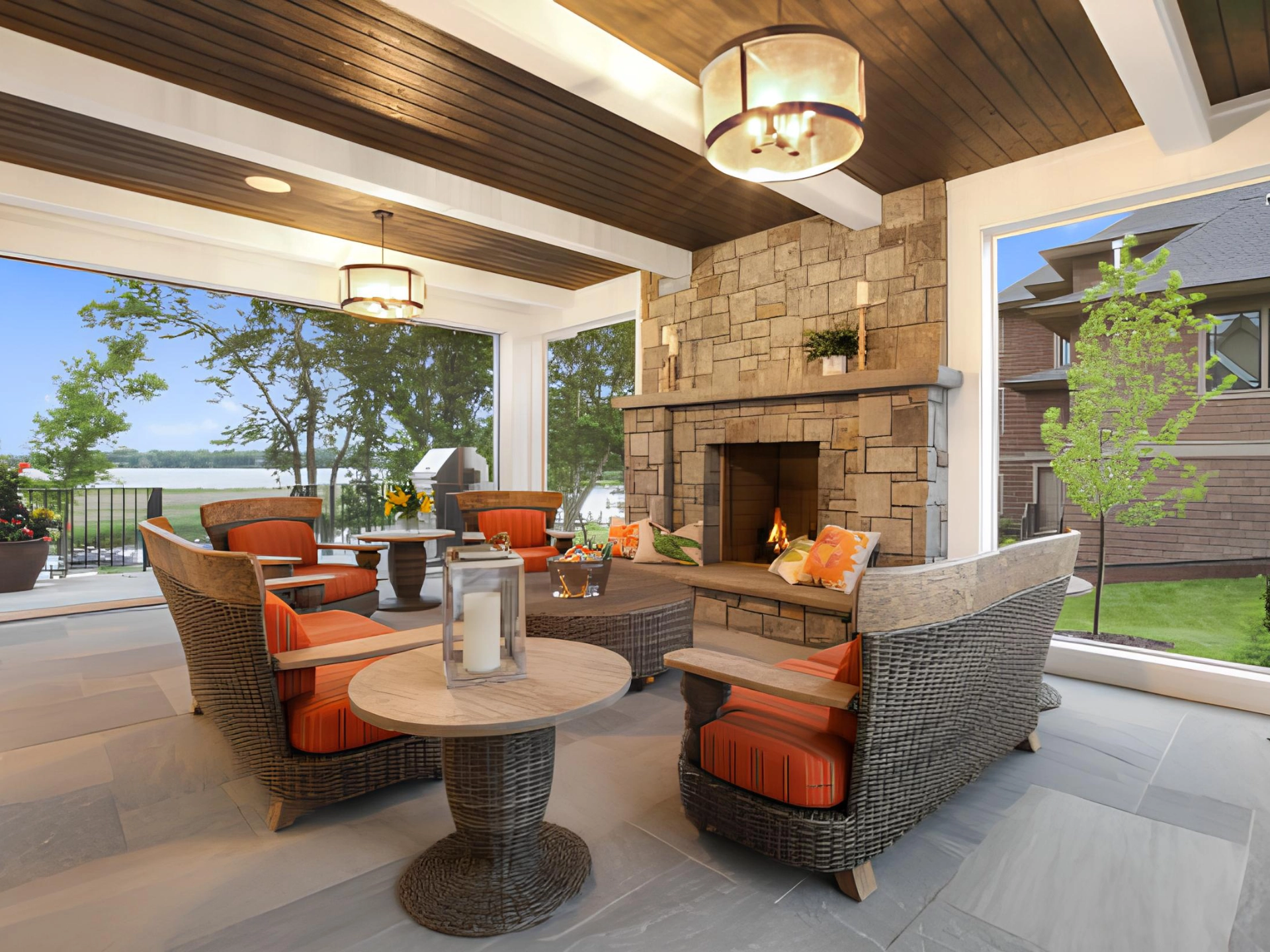 Screened in covered patio with furniture featuring a fireplace