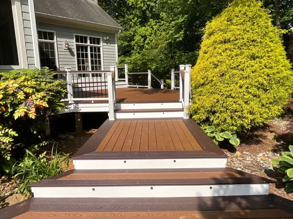 Composite deck with custom deck steps lights